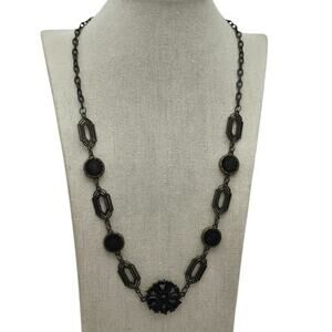 Black Glass Statement Necklace Floral Medallion Chain Dark Romance Vintage Style